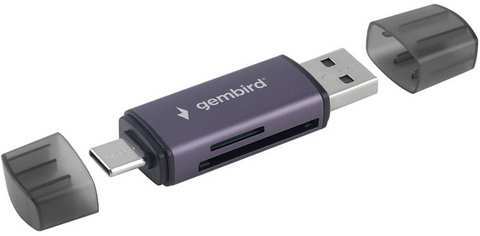 Картридер OTG FD2-MSD-6 Gembird USB A / Type-C (OTG) 2в1: SD, TF (MicroSD), алюминий